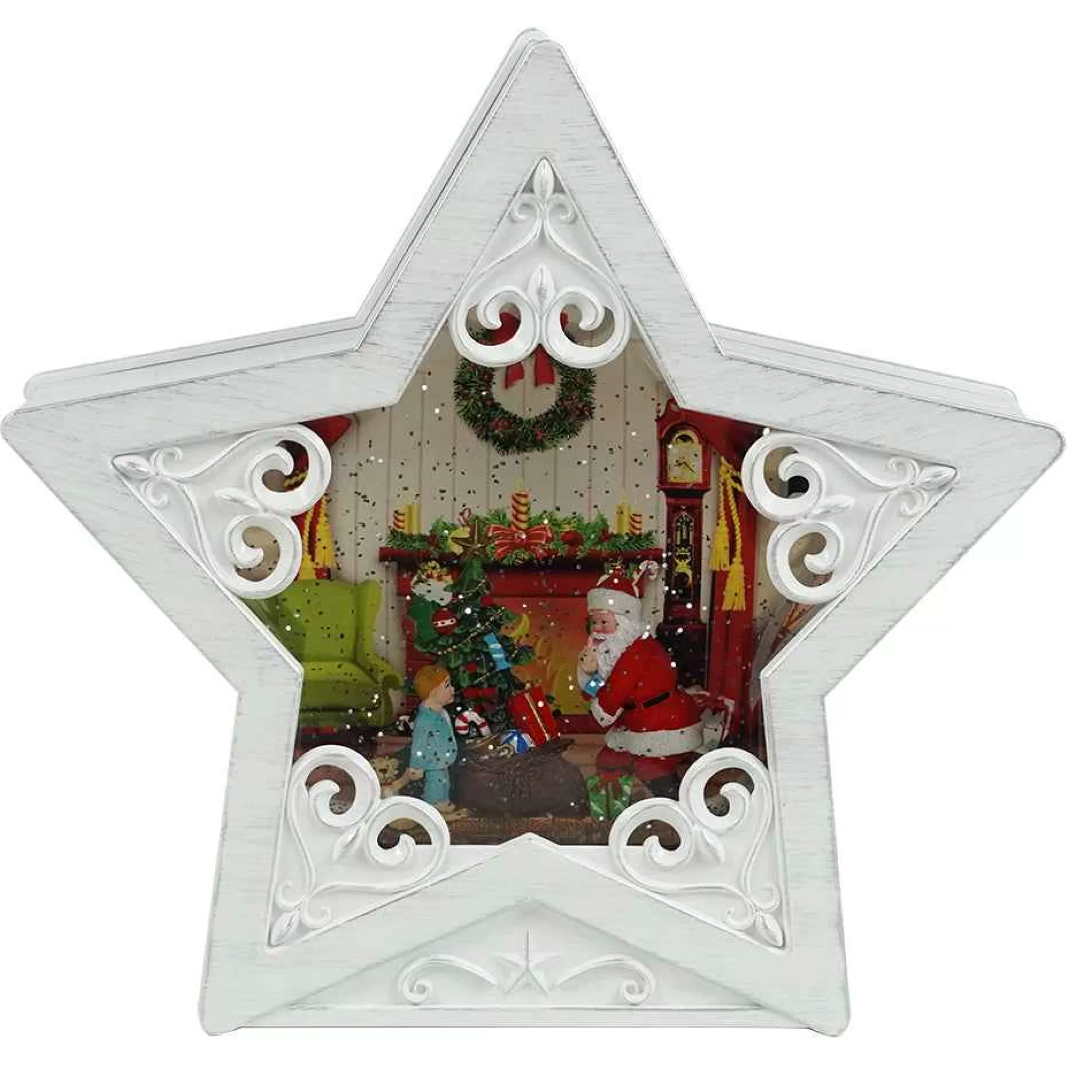 Arys Imports White Star Scroll Design With Led Warm White Light Up Santa Fireplace Scene Spinning Glitter Waterglobe