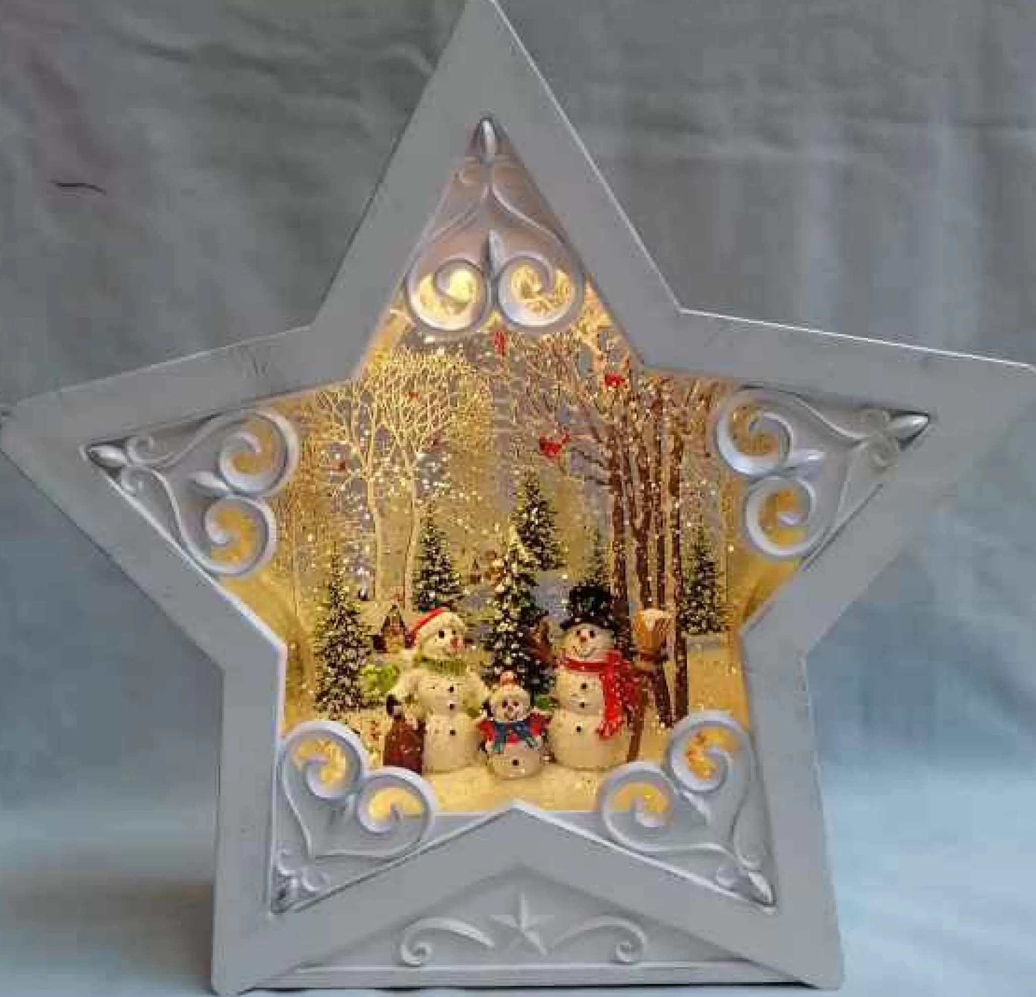 Arys Imports White Star Scroll Design With Led Warm White Light Up Snowman Family Scene Spinning Glitter Waterglobe